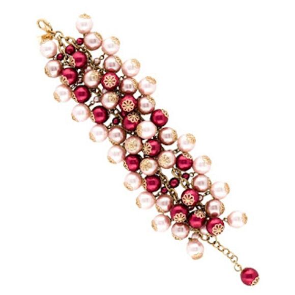 Kate Spade Faux Pearl Cluster Bracelet Gold Plated Blush and Cranberry Pearls - Picture 2 of 7